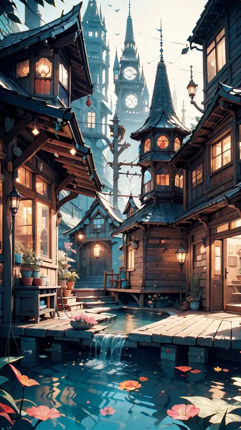 color ( fantasy: 1.2), ( Miyazaki Hayao Style ), ( IrregularBuilding in the sea ), Patchwork Cottage, Floral decoration,  light on the side, Concept art inspired by Andreas Rocha ,   Art Station Contest Winner ,   fantasy art , (  Underwater City ),  Ross ...