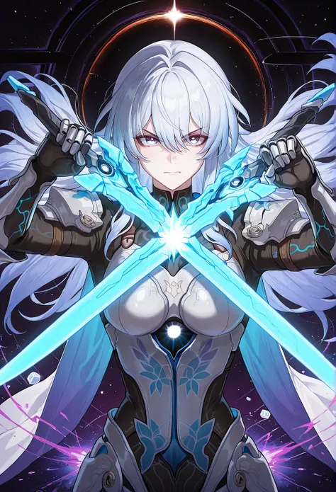 Anime-style full-body portrait of a young female knight, Honkai: Star Rail aesthetic, mechanical winged armor with glowing blue veins, flowing white cape embedded with star patterns, determined expression, holding a plasma saber, surrounded by floating qua...