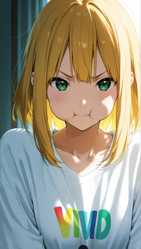 masterpiece, absurdres, close-up, upper body, beautiful woman, tokiwa midori, tamako market, blonde hair, beautiful green eyes, looking at viewer, facing down, cute angry, frowning, puffy cheeks, oversized t-shirt, simple background, vivid colors, volumetr...