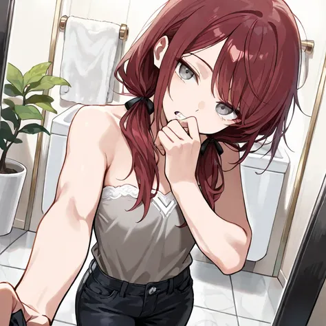  (Masterpiece, best quality), intricate details, JK,, close up, tired expression, gray eyes, dark red hair, low twin tails, hair ribbons, strapless loose sleeveless shirt, gray shirt, shirt with white trim, black jeans, ((long swept bangs, pulling on edges...