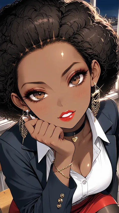 1Woman, Mature, Adult, Ebony, African American, Dark Brown Skin, Jet Black Curly Afro, Afro Pulled Back, Shiny Hair, Forehead, Bright Brown Eyes, White Nails, Red Lips, Dark Brown Eye Shadow, Red Mini-Skirt, Black Blazer Jacket, White Inner Shirt, Black Pa...