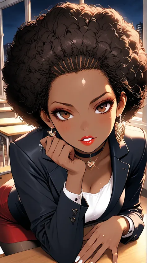 1Woman, Mature, Adult, Ebony, African American, Dark Brown Skin, Jet Black Curly Afro, Afro Pulled Back, Shiny Hair, Forehead, Bright Brown Eyes, White Nails, Red Lips, Dark Brown Eye Shadow, Red Mini-Skirt, Black Blazer Jacket, White Inner Shirt, Black Pa...