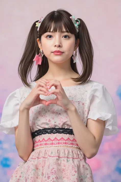 "A cheerful young female idol with big, sparkling eyes and a bright smile, wearing a colorful and stylish idol outfit with frills and ribbons. She is forming a heart shape with her hands in front of her chest. Her hair is styled in cute twin tails with dec...