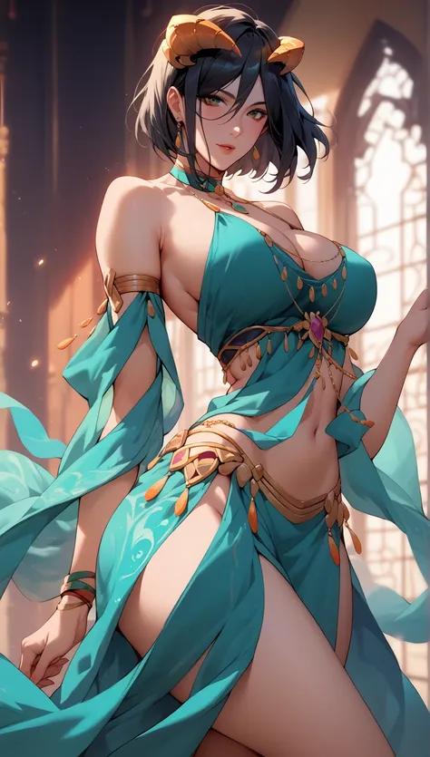 Score_9, Score_8_up, Score_7_up, Score_6_up, Score_5_up, Score_4_up, masterpiece, SengaSally, looking at viewer, hourglass figure, big chest, belly dancer dress, revealing dress, standing, short black hair, horns