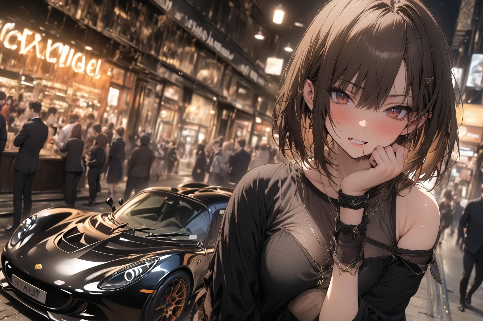 (masterpiece, detailed:1.2), One Girl, (18-years old), brown long Bob Cut, Medium Breasts, off shoulder, BREAK, Highest quality, in UK, BREAK, standing next to "LOTUS EXIGE", 