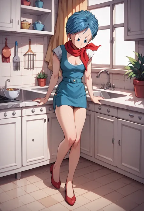 Original style,  bulma,   Short and messy hair , blue eyes,    Blue Hair,  mini dress  ,  scarf , in the kitchen, ventana ,  Red around the neck,  Shoes ,sexy ,  full body image 