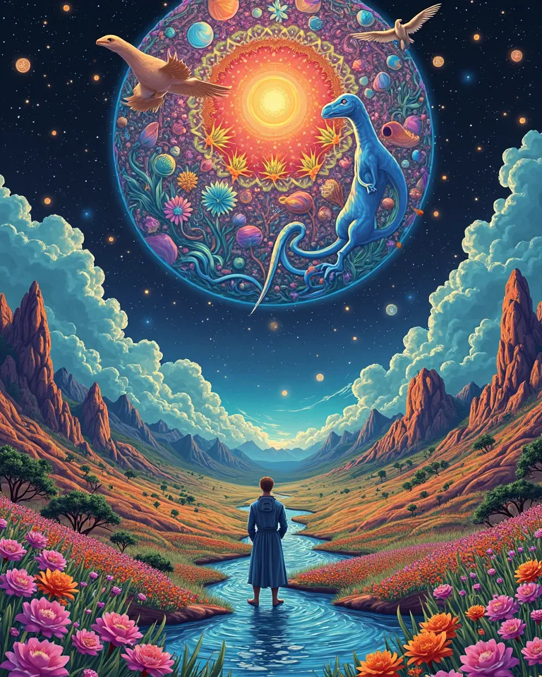 Psychedelic mosaic drawing and illustration with the elements 

wish
Fields of flowers
Crystal ball 
seer
Dinosaur
Valley
Horn
Vival water
Man Without Arm Masterpiece, Necessary,  Awarded multiple times ,  American Flat,  chromatic aberration,  OctaneRende...