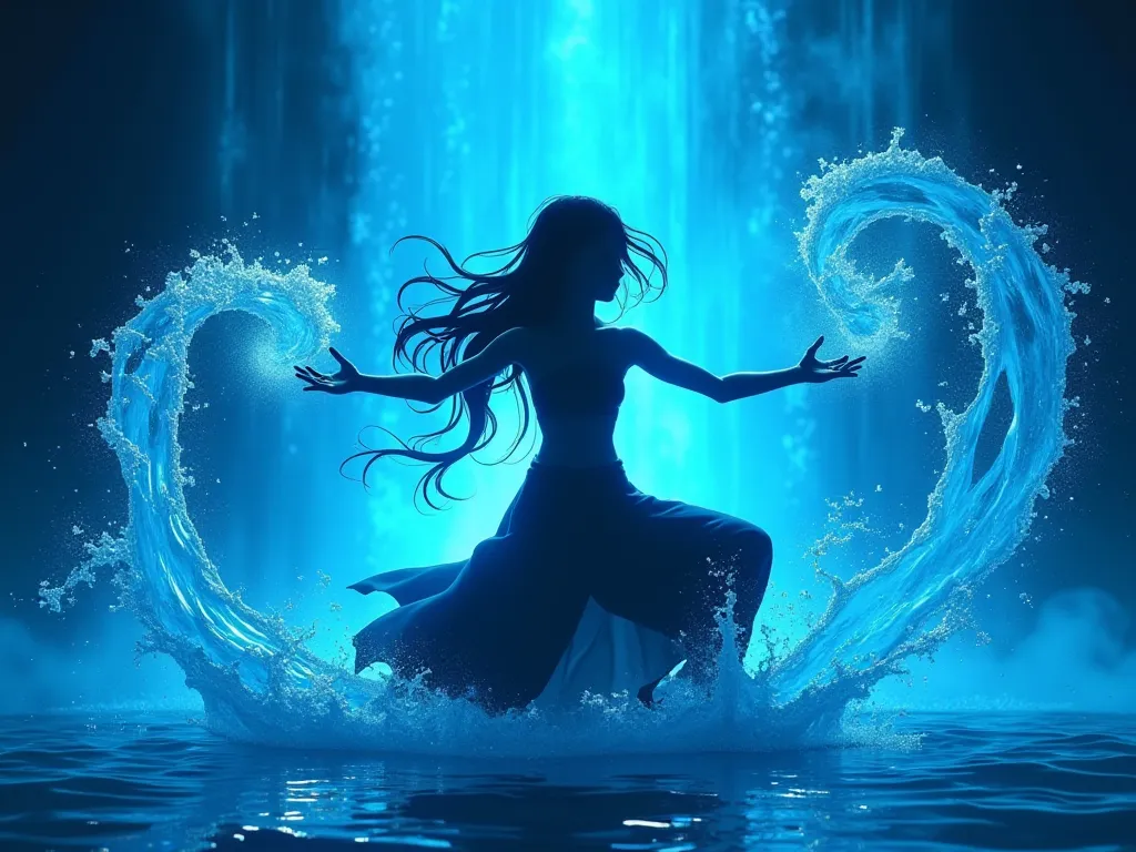 Katara silhouette from avatar making water waves by hands in blue background, water waves frame and black outer background