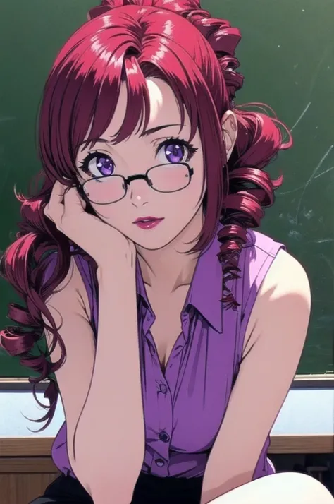 (Masterpiece: 1.0), hyperdetailed, MIZUHO KAZAMI, TEACHER, CHALKBOARD, SHIRT, PURPLE EYES, SLEEVELESS, GLASSES, LIPSTICK, HEAD REST, RED HAIR, DRILL HAIR, SLEEVELESS SHIRT, MAKEUP, SIDELOCKS, BARE SHOULDERS, BANGS, LONG HAIR, PONYTAIL, MATURE FEMALE, 1girl...