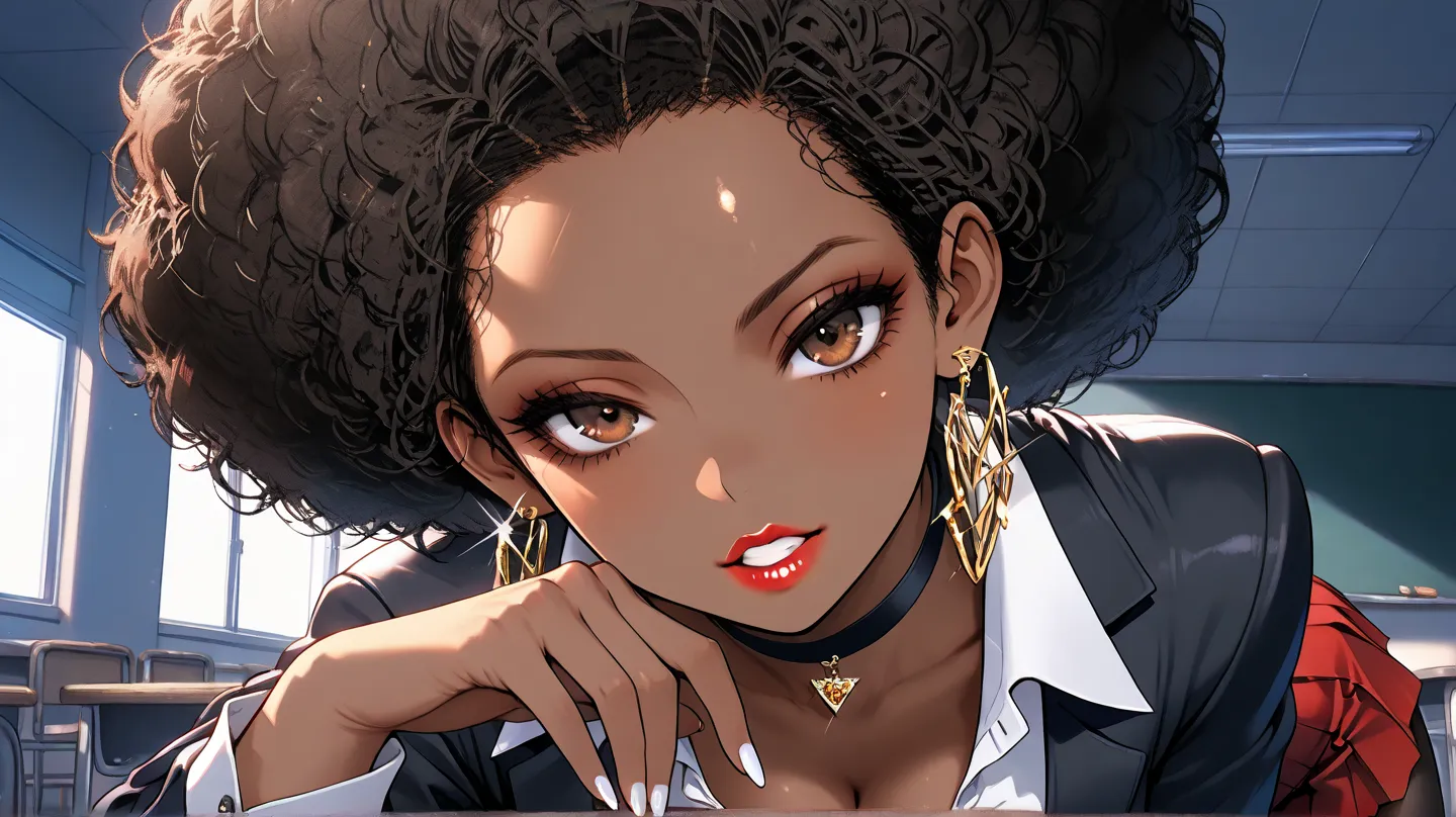 1Woman, Mature, Adult, Ebony, African American, Dark Brown Skin, Jet Black Curly Afro, Afro Pulled Back, Shiny Hair, Forehead, Bright Brown Eyes, White Nails, Red Lips, Dark Brown Eye Shadow, Red Mini-Skirt, Black Blazer Jacket, White Inner Shirt, Black Pa...