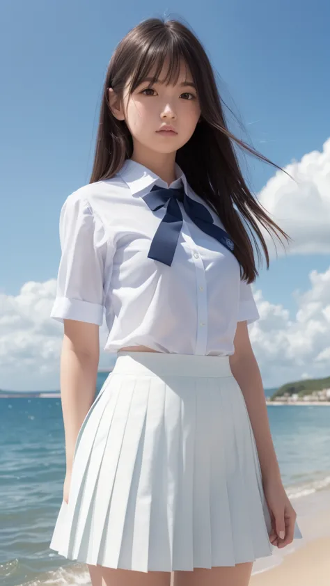 Best quality, masterpiece, ultra high res, (photorealistic:1.4), raw photo, (pleated medium skirt:1.3), dark blue skirt,
a girl, ,  small breast, sea side, school uniform, beautiful, ((white shirt)),  ribbon, cute,  half smile, gigantic columns of clouds, ...