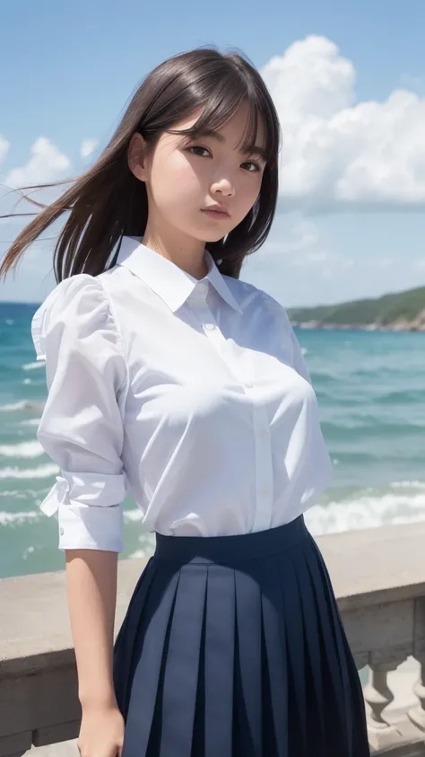 Best quality, masterpiece, ultra high res, (photorealistic:1.4), raw photo, (pleated medium skirt:1.3), dark blue skirt,
a girl, ,  small breast, sea side, school uniform, beautiful, ((white shirt)),  ribbon, cute,  half smile, gigantic columns of clouds, ...