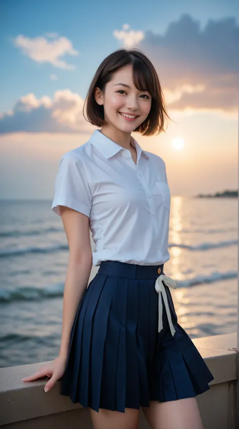 Best quality, masterpiece, ultra high res, (photorealistic:1.4), raw photo, (pleated medium skirt:1.3), dark blue skirt,
a girl, ,  small breast, sea side, school uniform, beautiful, ((white shirt)),  ribbon, cute,  half smile, gigantic columns of clouds, ...