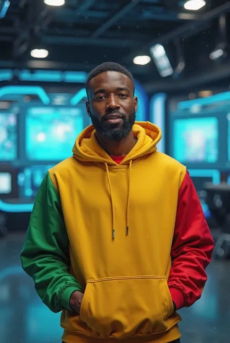 "A 27-year-old African American man standing in a high-tech, futuristic studio, speaking directly to the camera as if he is being filmed live. He wears a bold yellow, green, and red hoodie, making him stand out in the sleek, ultra-realistic environment. Th...