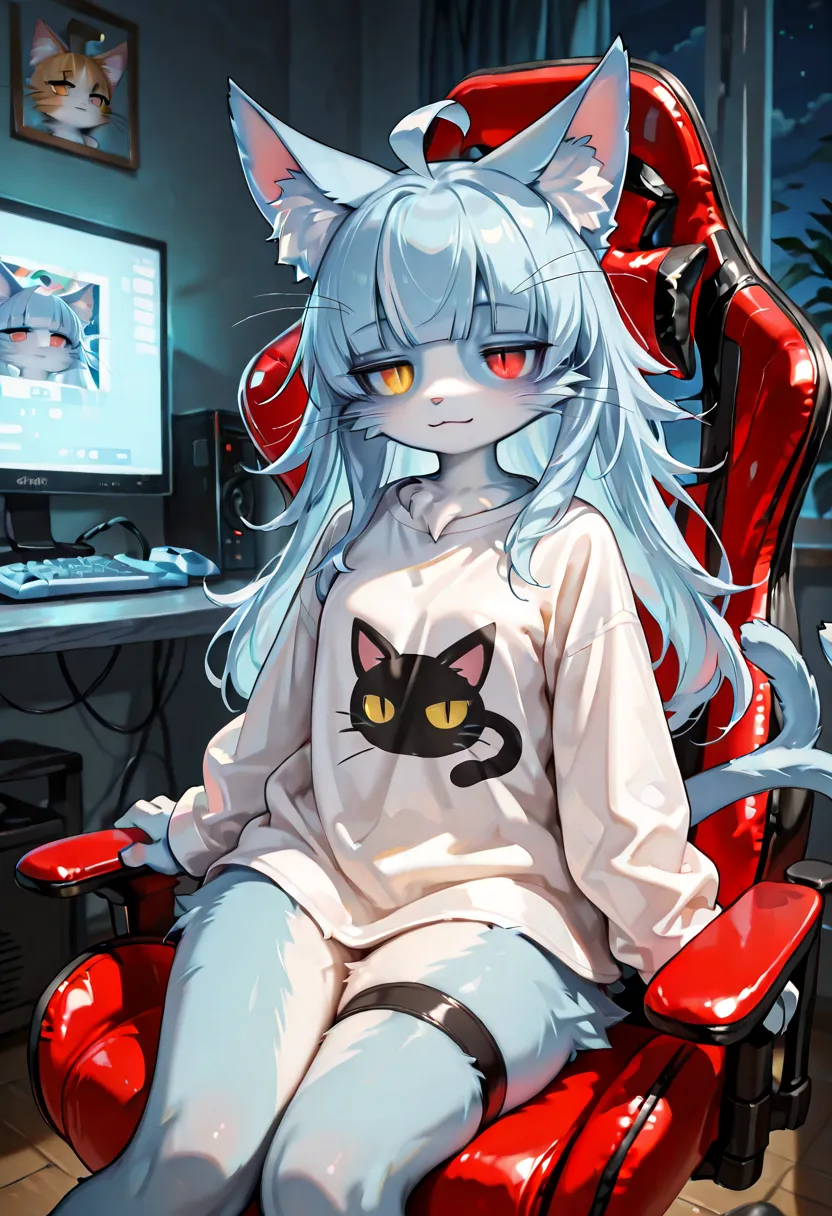 omaneko, solo, 1girl, masterpiece, best quality, amazing quality, very aesthetic, absurdres, newest, kawaii, animal girl, cat girl, jitome, furry female, ahoge, blunt bangs, long hair, animal ear fluff, animal paws, fur, light blue hair, light blue fur, wh...