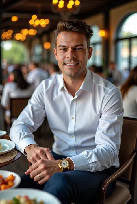  A realistic photograph of a businessman, With fine sportswear, golden watch, in an open-air restaurant, with realistic background