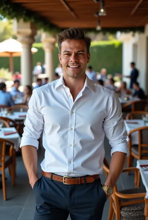  A realistic photograph of a businessman, With fine sportswear, golden watch, in an open-air restaurant, with realistic background