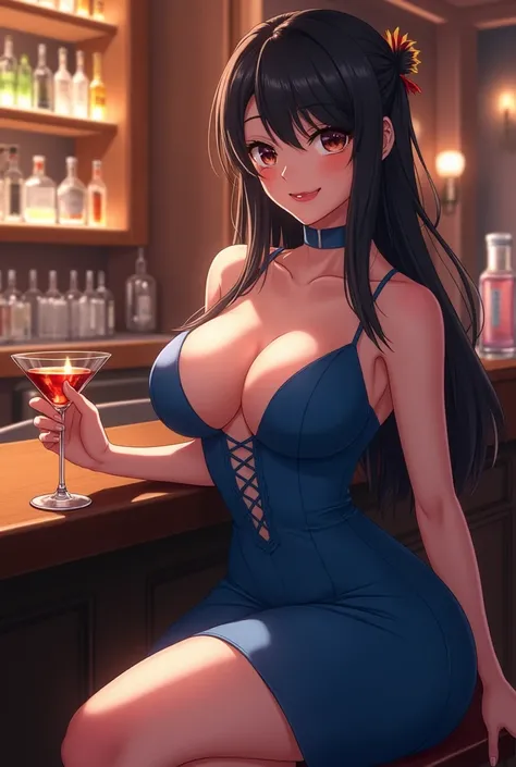  a cartoon of a woman in a blue dress in front of a bar, Is it a bar?, Is it a bar?,  seductive anime girl , with a drink, sitting at the bar, cutesexyrobutts, Barrel chest , beautiful and seductive portrait of Nami ,  sexy smile, Nami One Piece,  cleavage...