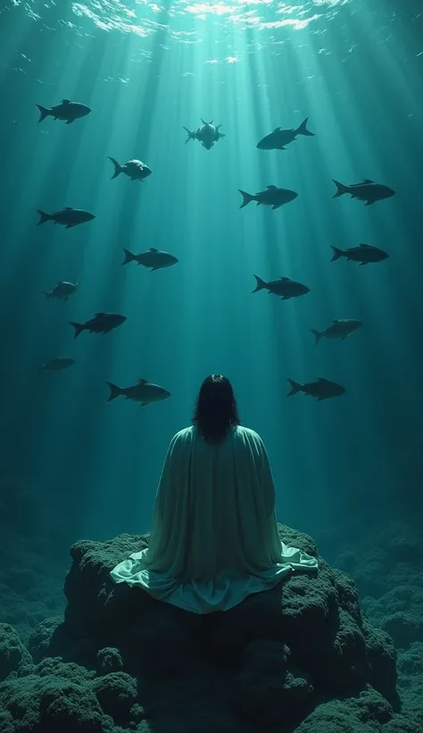 Jesus sitting on a rock at the bottom of the sea surrounded by the Black Day fish