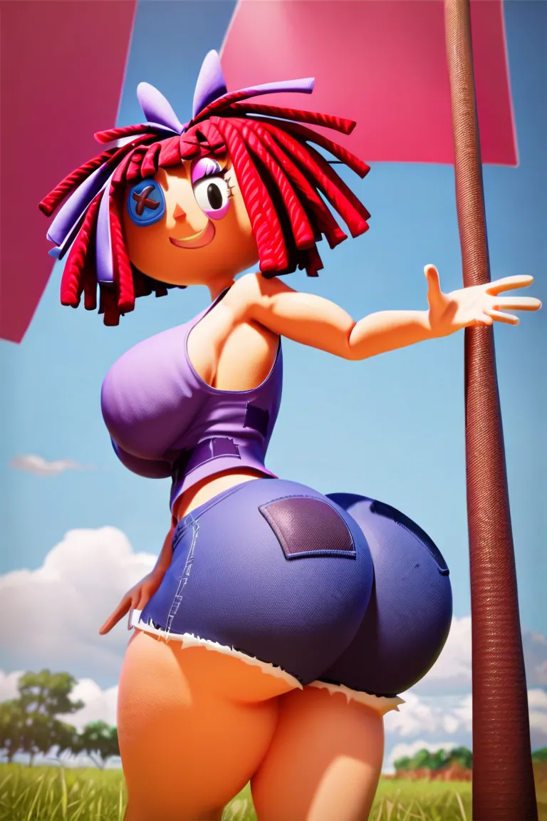 ragatha,1 girl,Rag-doll,from front,tank top, low rise hot pants,wholebody,red threadlike hair,flat orange triangle nose ,purple ribbon in hair ,Big Breasts, looking at viewer,, score_9, score_8_up, score_7_up,Red Hair,bursting butt, bouncing butt, eyepatch...