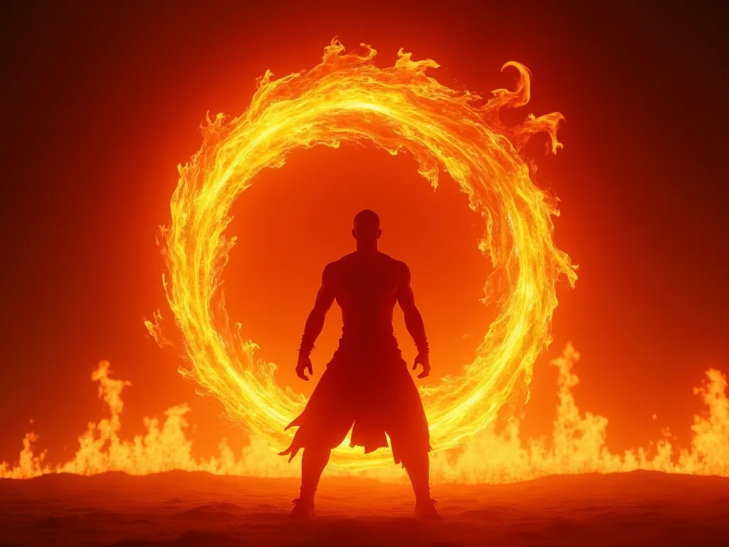 A silhouette of firebender forming fire waves around him, fire red background, black outer background