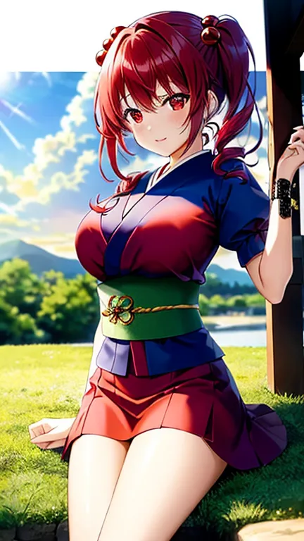 {{masterpiece, ultra-high quality, ultra detailed,}} Onozuka Komachi, 1girl, red eyes, hair bobbles, red hair, two side up, short sleeves, puffy sleeves, sash, obi, tabi, blue dress, large breasts, partly open shirt showing a lot of cleavage, lying on a hi...