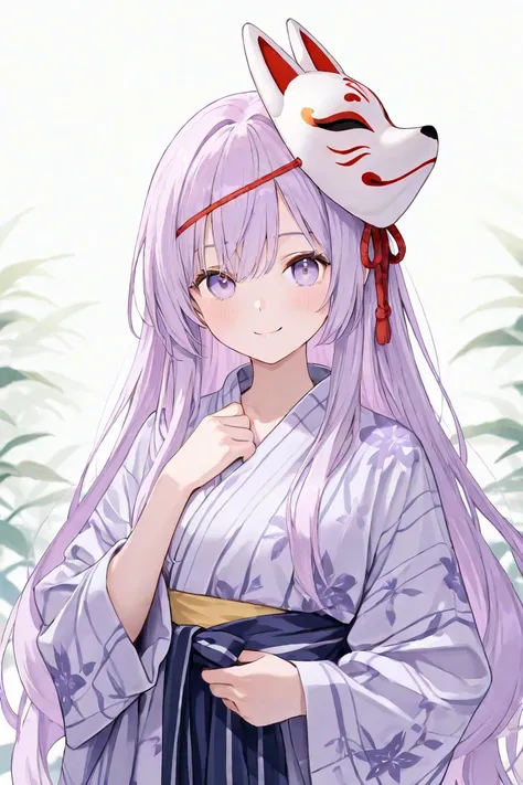 A girl with super long light purple hair and light purple eyes is relaxing in a yukata wearing a mask of a smiling fox over her head