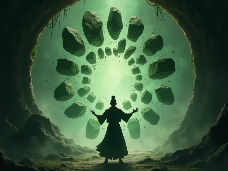 A silhouette of earthbender making the stones to fly in a circle above him in green background earthhy border, black outer background