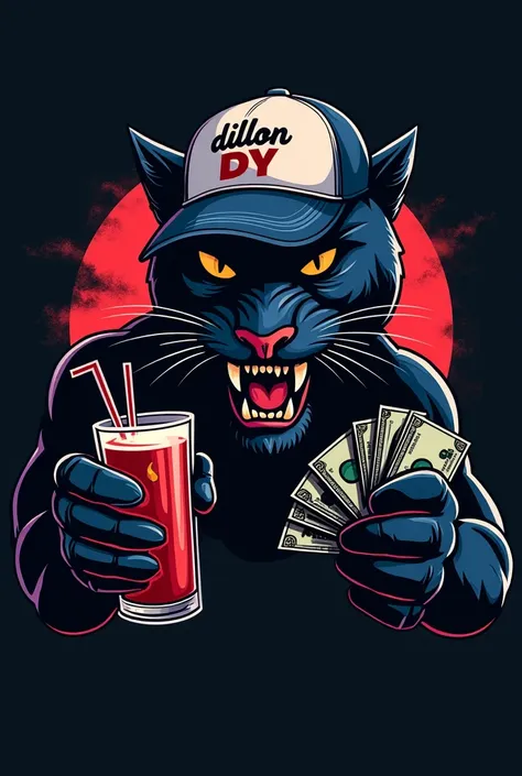 Logo of a panther with an evil face with an x in her eye and holding a drink and money, wearing trucker cap , written on the cap "Dillon Dy"