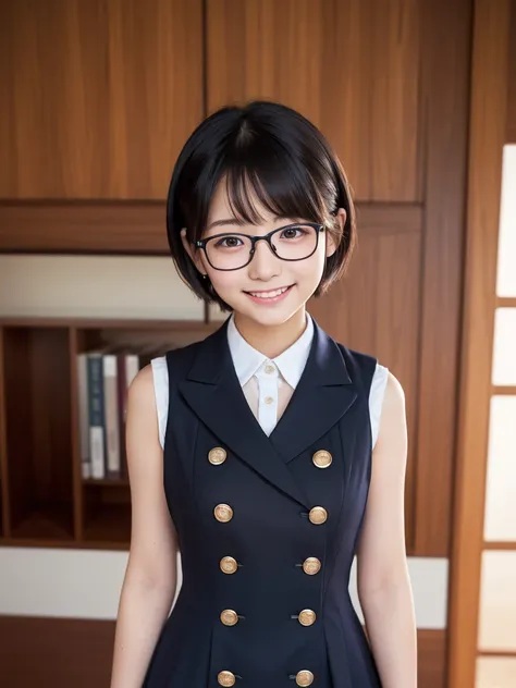 (  high res)、(  high quality)、(  short hair )、( tight sleeveless dress)、(Collared dress)、( dress with buttons on the chest )、(   Japanese Girl)、( big breasted:1.5)、(smile:1.3)、( YOUNGFACE:1.4)、( is small:1.4)、(uniform:1.3)、Glasses girl、