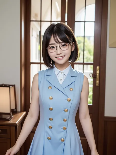 (  high res)、(  high quality)、(  short hair )、( tight sleeveless dress)、(Collared dress)、( dress with buttons on the chest )、(   Japanese Girl)、( big breasted:1.5)、(smile:1.3)、( YOUNGFACE:1.4)、( is small:1.4)、(uniform:1.3)、Glasses girl、