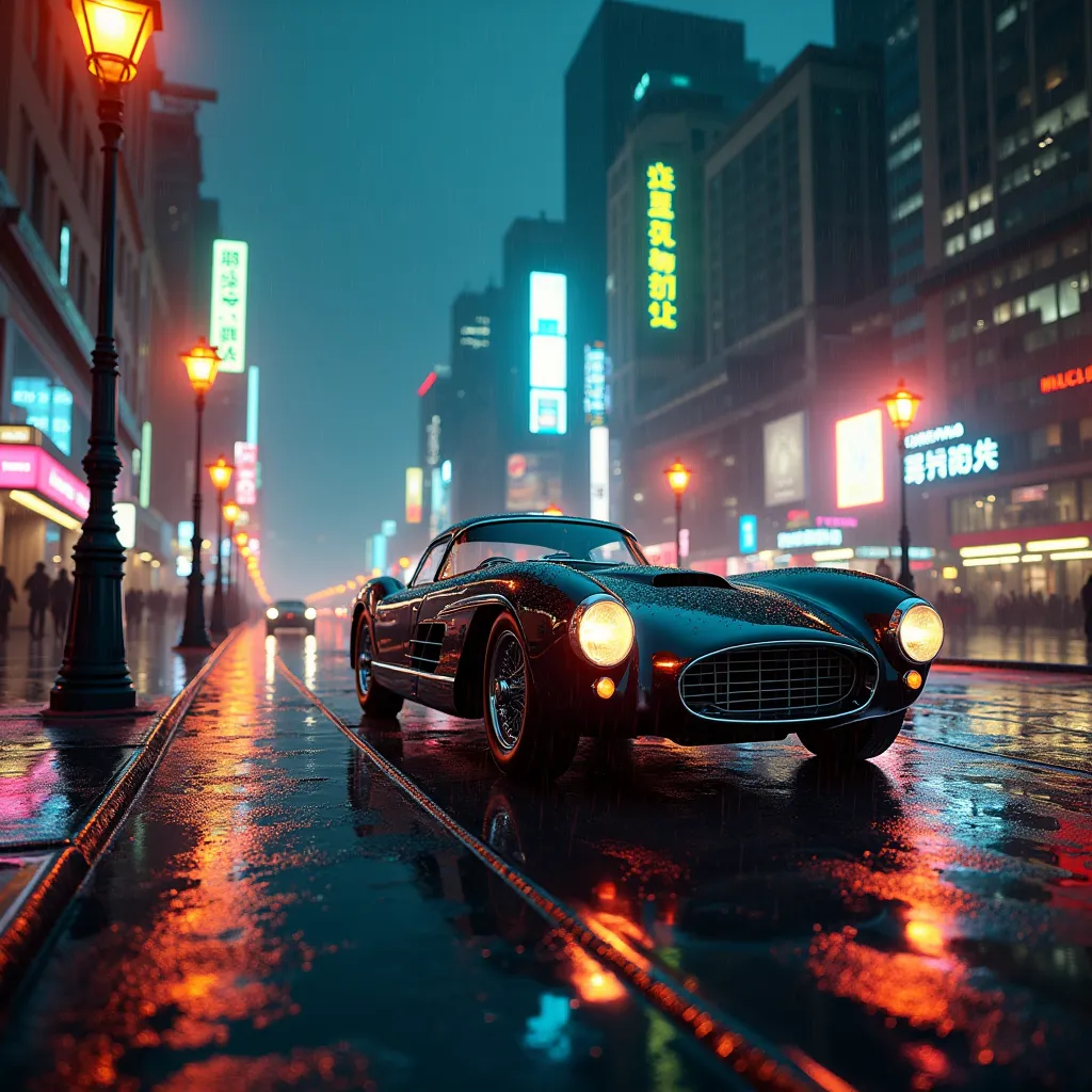 A vintage sports car cruising through a neon-lit city street at night, wet pavement, reflections, vintage street lights, film noir atmosphere