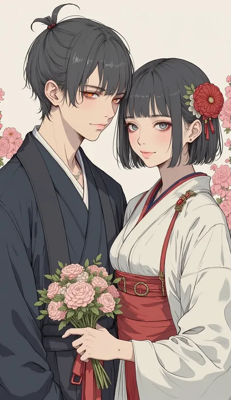  taken from below、 Fisheye 、a drawing of a man and woman in  Traditional Outfit , Photo inspired by Kiyonaga Torii  , Pixiv, creation,  wearing a coat , To wear hakama,  Traditional Japanese Costumes,  kimono,  Traditional Outfit , Hakama kimono, Wear a si...