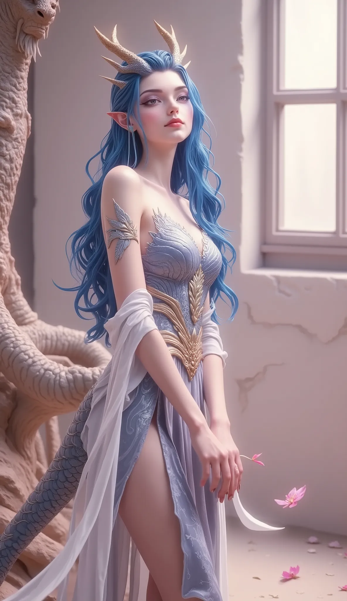 Dragon Girl,  unique ，  blue hair, 