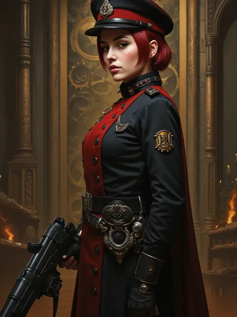 full body, Portrait of a Evanna Lynch in warhammer 40k comissar tunic, short hair, cyberpunk, aristocrat, scars on face, monograms, max detailing, realism, cogs in the background, gothic 40k church background, Ian McQue style, Imperium of Man empire, witho...