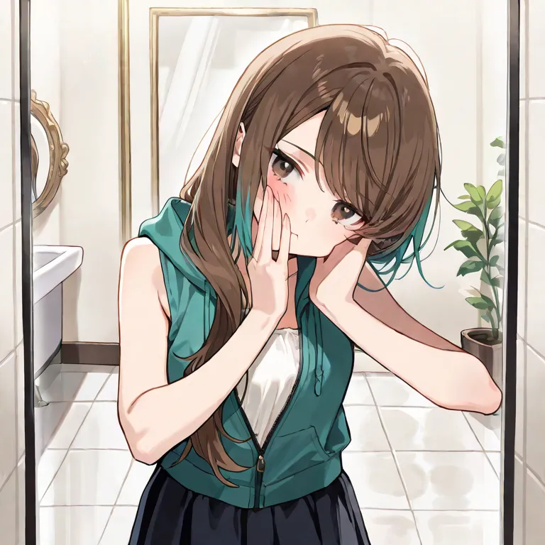  (Masterpiece, best quality), intricate details, JK,, close up, tired expression, brown eyes, very long brown hair with teal highlights, ((sleeveless)) unzipped teal hoodie, strapless white top, black pleaded skirt, ((long swept bangs, slapping own face wi...