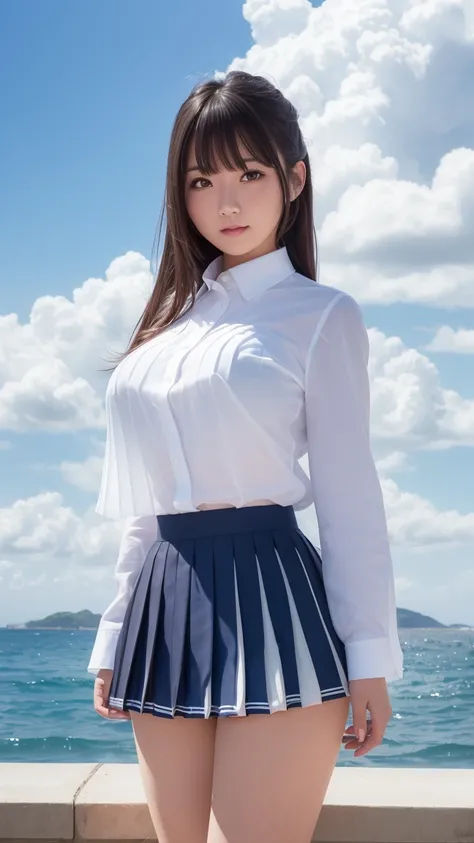 Best quality, masterpiece, ultra high res, (photorealistic:1.4), raw photo, (pleated micro skirt:1.3), dark blue skirt,
a girl, gyaru,  big breast, sea side, school uniform, beautiful, ((white shirt)),  ribbon, cute,  half smile, gigantic columns of clouds...