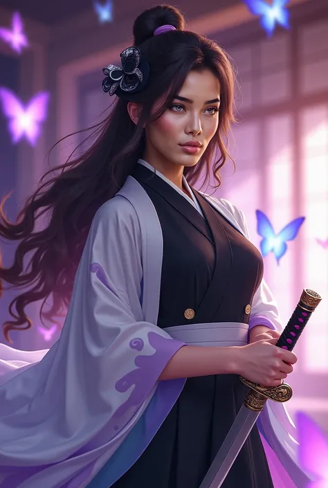  beautiful woman. She has warm golden-tanned skin with a soft glow. long, deep brown hair in cascades, soft waves down her back, She wears a Shinobu Kocho-inspired cosplay, featuring a black Demon Slayer uniform with a high collar, gold buttons, and a whit...