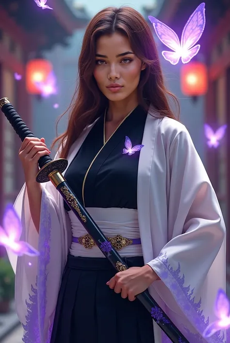  beautiful woman. She has warm golden-tanned skin with a soft glow. long, deep brown hair in cascades, soft waves down her back, She wears a Shinobu Kocho-inspired cosplay, featuring a black Demon Slayer uniform with a high collar, gold buttons, and a whit...