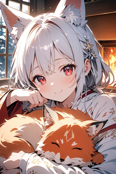  1girl , kitsune girl with fluffy red fox ears and tail,  fair skin, wearing a traditional Japanese kimono with intricate patterns, white tabi socks on her feet, curled up like a cat in front of a warm fireplace, her tail wrapped around her body, eyes gent...