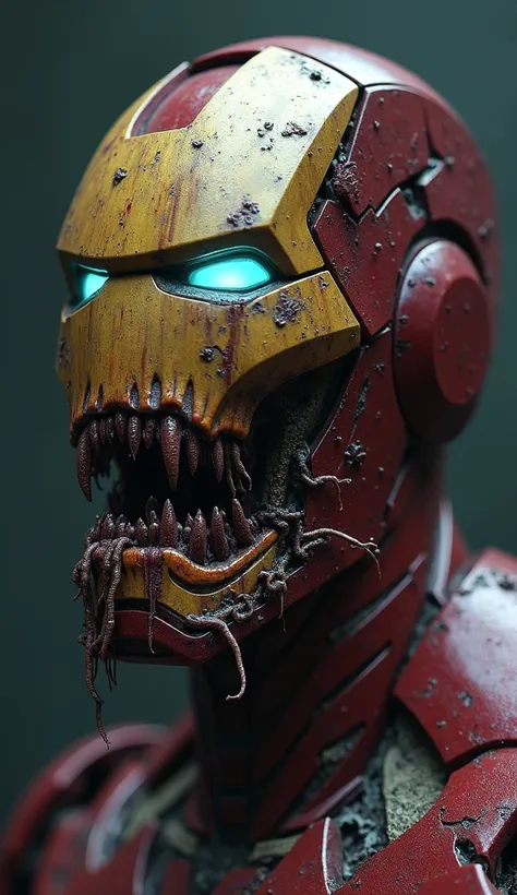 Zombie Iron Man, half of face is rotting away show teeth and skull beneath dripping flesh, half of face wears mask, bugs and worms crawling out of head