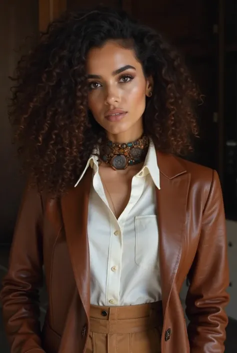 [A woman with dark brown, curly hair and makeup is wearing a brown leather blazer over a white button-down shirt and a camel-colored high-waisted skirt; she is wearing a patterned choker necklace; her expression is serious and confident; the background is ...