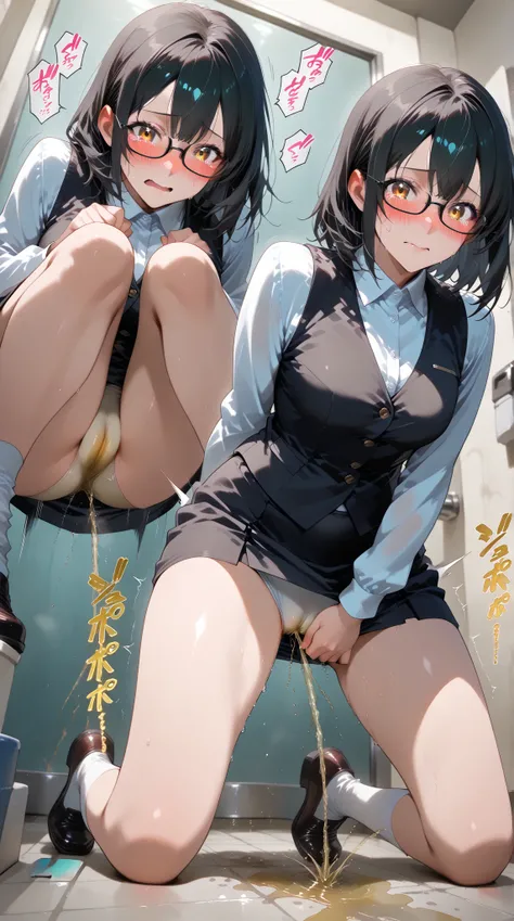 anime - style illustration of a woman in a black vest and pencilskirt, anime character, official character art, full body, female anime girl, (black hair:1.5), (tanned:0.5), (sweaty:1.2), glasses, in the restroom, (leaning forward kneeling:1.5), looking at...