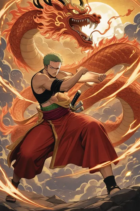 Roronoa Zoro in One Piece is blinded in one eye wearing his costume in a fighting pose behind which is a flying Chinese dragon backdrop