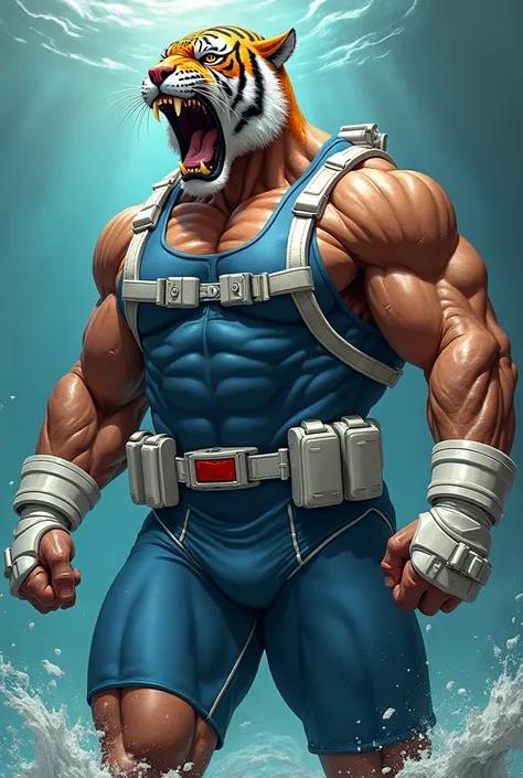 (A rugged beefy extremely muscular bulky angry old man), (wearing skintight blue wetsuit with short swimming pants that show his muscular thighs), (wearing realistic roaring tiger mask), raising fist, wearing white bulky harness, wearing bulky scuba gear, ...