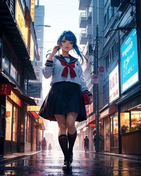 High School Girl (Age:1.2), Big Red Ribbon, (Expression:1.2), (Body Type:1.2), Dark Brown Eyes, (Sailor Uniform), (Blue Hair), Light Blue Highlights, Walking Down the Street, (Turning Around and Facing the Viewer), (Full Body), (Camera Angle:Far Away), (Ey...