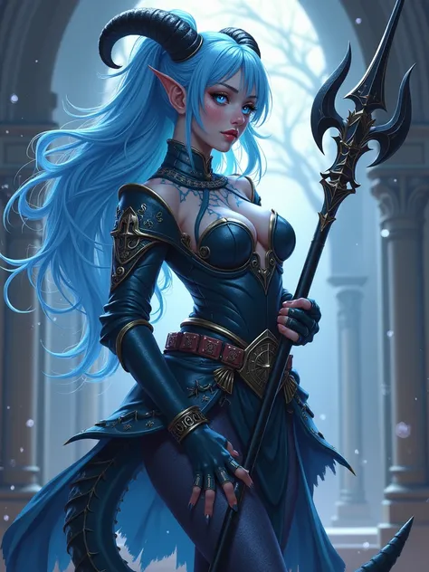 (solo female:1.2), (mature), (medieval knights-dress:1.1), (black horns:1.1), (scorpion tail:1.25), (black glaive with white runes :1.2), (light-blue gradient hair and scale:1.1), (blue luminous tattoo on body and face:1.2), (full-size :1.05), anime art, u...