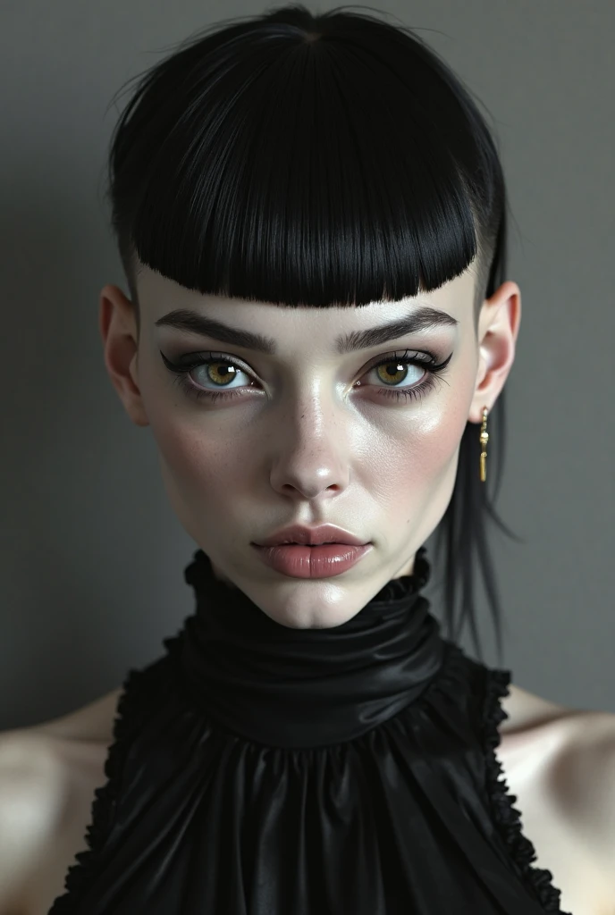 Create an androgenic woman with cut hair with hermaphrodite features, clear teas and black hair. 