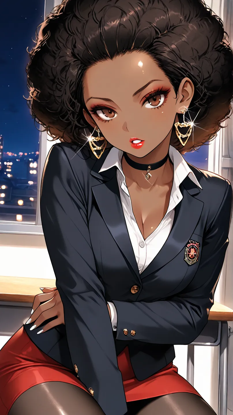 1Woman, Mature, Adult, Ebony, African American, Dark Brown Skin, Jet Black Curly Afro, Afro Pulled Back, Shiny Hair, Forehead, Bright Brown Eyes, White Nails, Red Lips, Dark Brown Eye Shadow, Red Mini-Skirt, Black Blazer Jacket, White Inner Shirt, Black Pa...