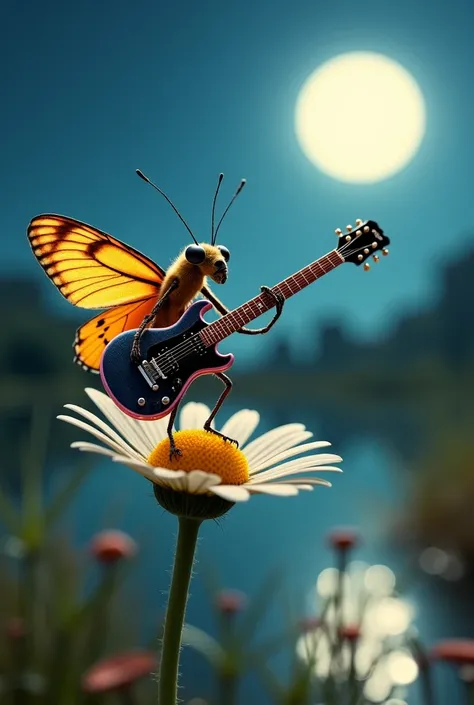 Yeh bohot interesting concept hai! Yahaan 10 aur detailed prompts hain jo tumhare animation style ke liye perfect honge:

1. Firefly Jazz Guitarist in a Moonlit Marsh
"A glowing firefly perches on a curved reed, playing a smooth, golden jazz guitar under t...